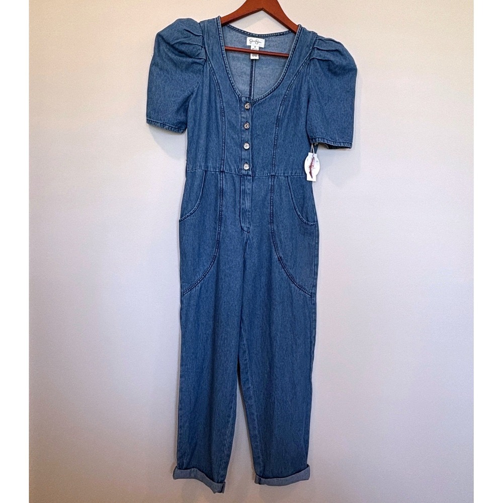 NWT Jessica Simpson Denim Jumpsuit Sz S Puff Sleeve 100% Cotton Coastal Cowgirl